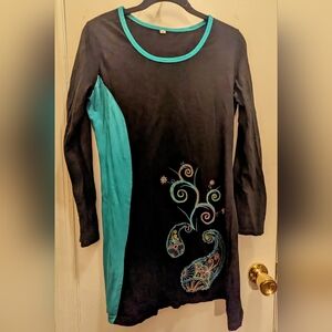 Coline black and teal dress 100% cotton L/XL